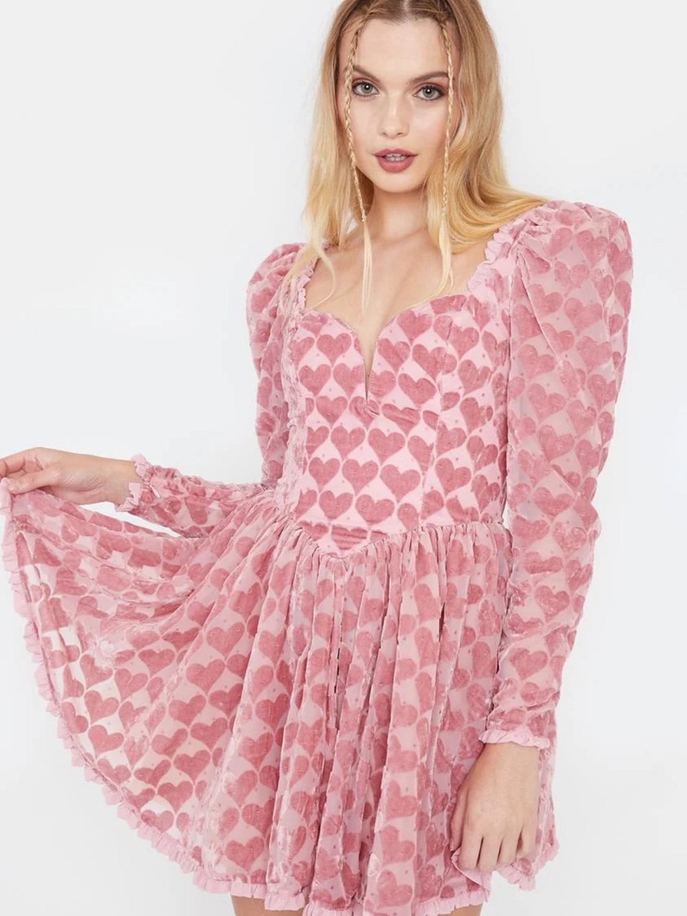 For Love and Lemons Pink Heart Velvet Sweetheart Mini Dress